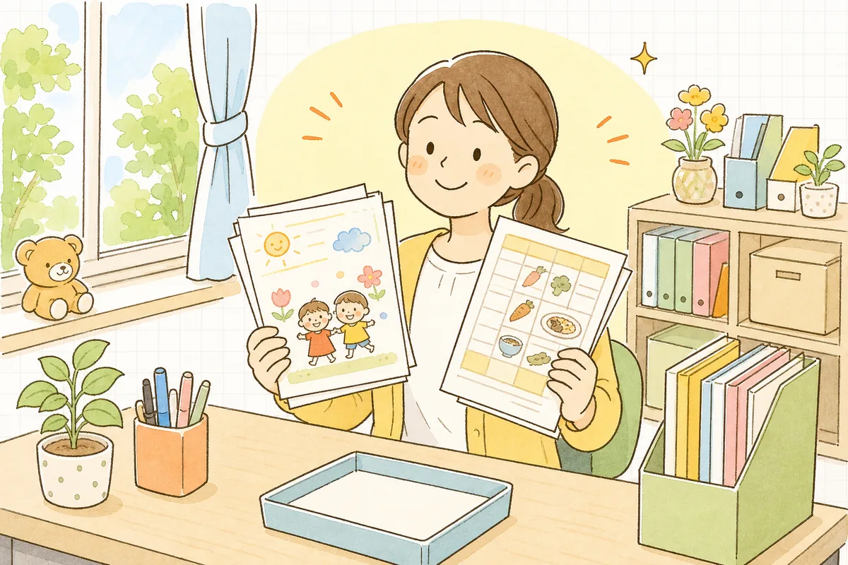 刷り上がったおたよりと献立表を手に、肩の力を抜いて穏やかにほほえむ保育園の事務担当者
