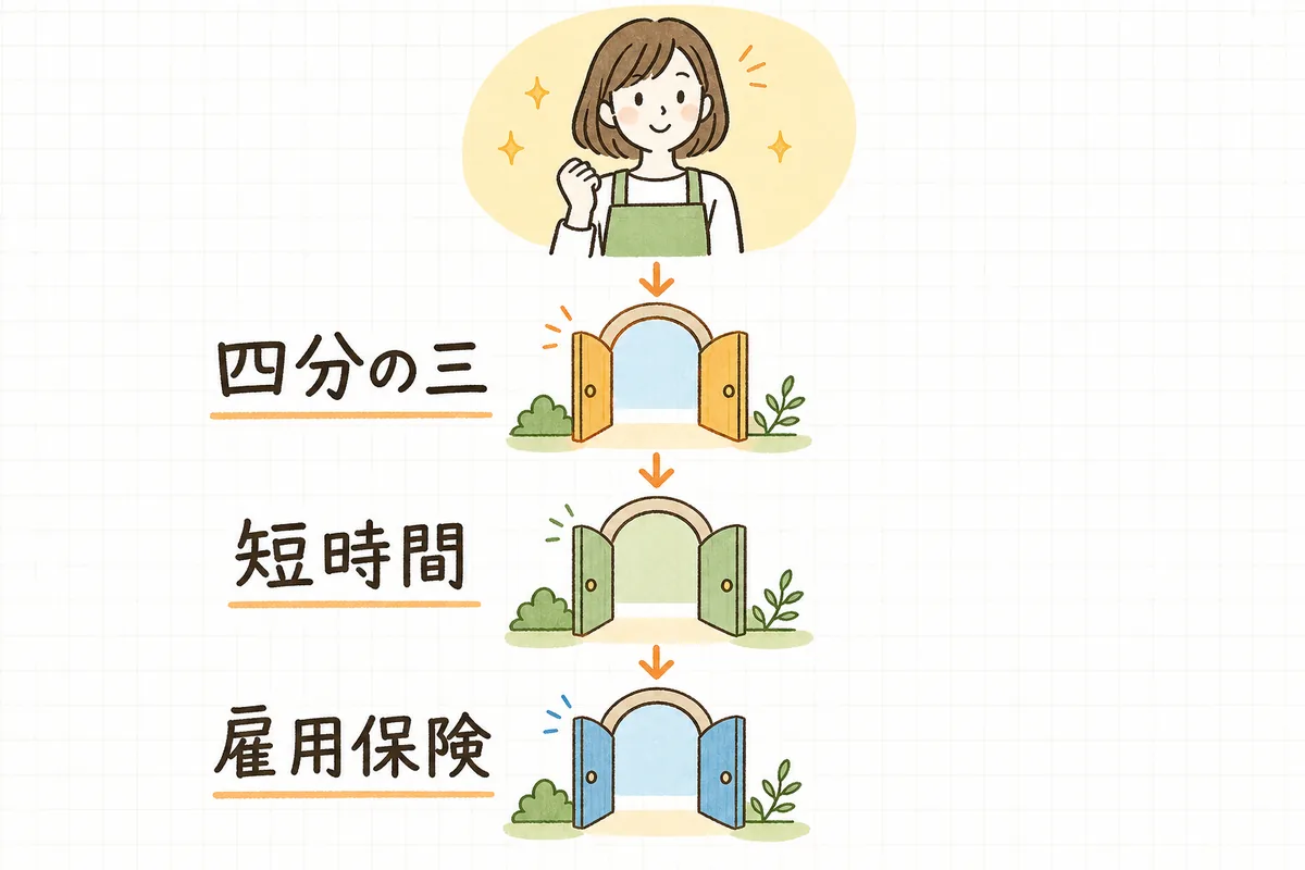 パート職員が社会保険に加入するかどうかを、4分の3基準・短時間労働者の要件・雇用保険の三つの入口で順番に確認していく流れ図