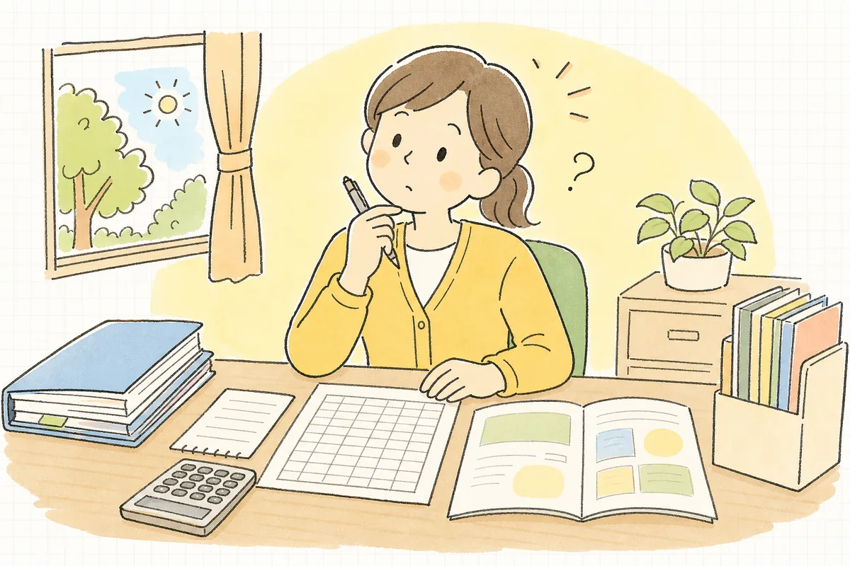 パート職員の勤務時間を書いた紙と保険の資料を机に並べ、加入の要否を考えている保育園の事務担当者