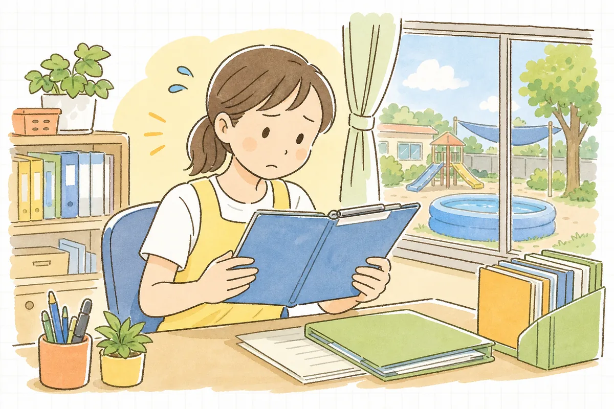 夏の保育園の事務室で、プール活動のチェック表を手に少し不安そうな表情で確認している事務職員