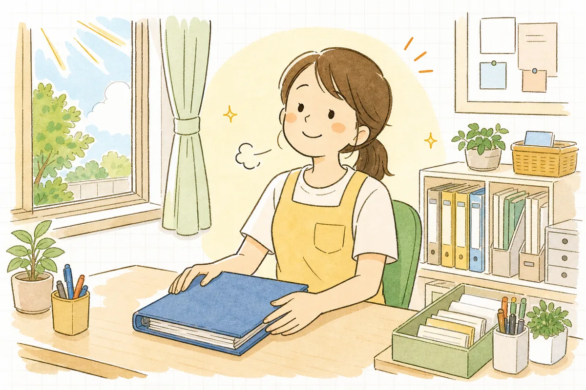 プール活動を終え、安全に一日を終えた保育園の職員が事務室でほっと肩の力を抜いてほほえんでいる様子