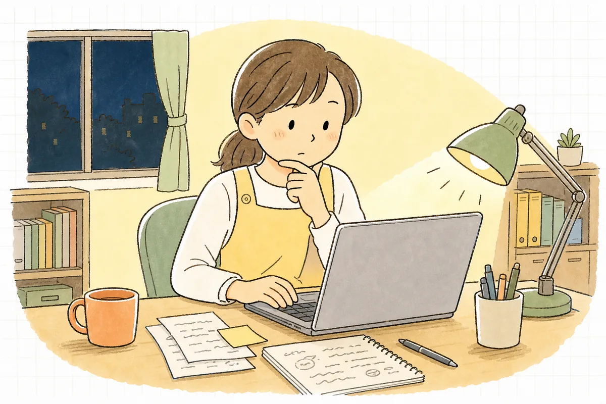 夜の事務室で、連絡アプリ導入の案内文をパソコンで書きながら、送信する前に少し考え込む保育園の職員