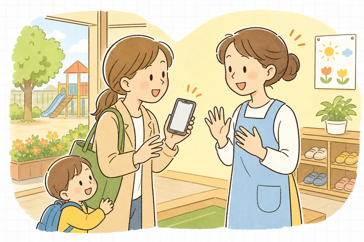 朝の明るい保育園の玄関で、保護者がスマホの連絡アプリを見せながら職員と笑顔でやり取りしている様子