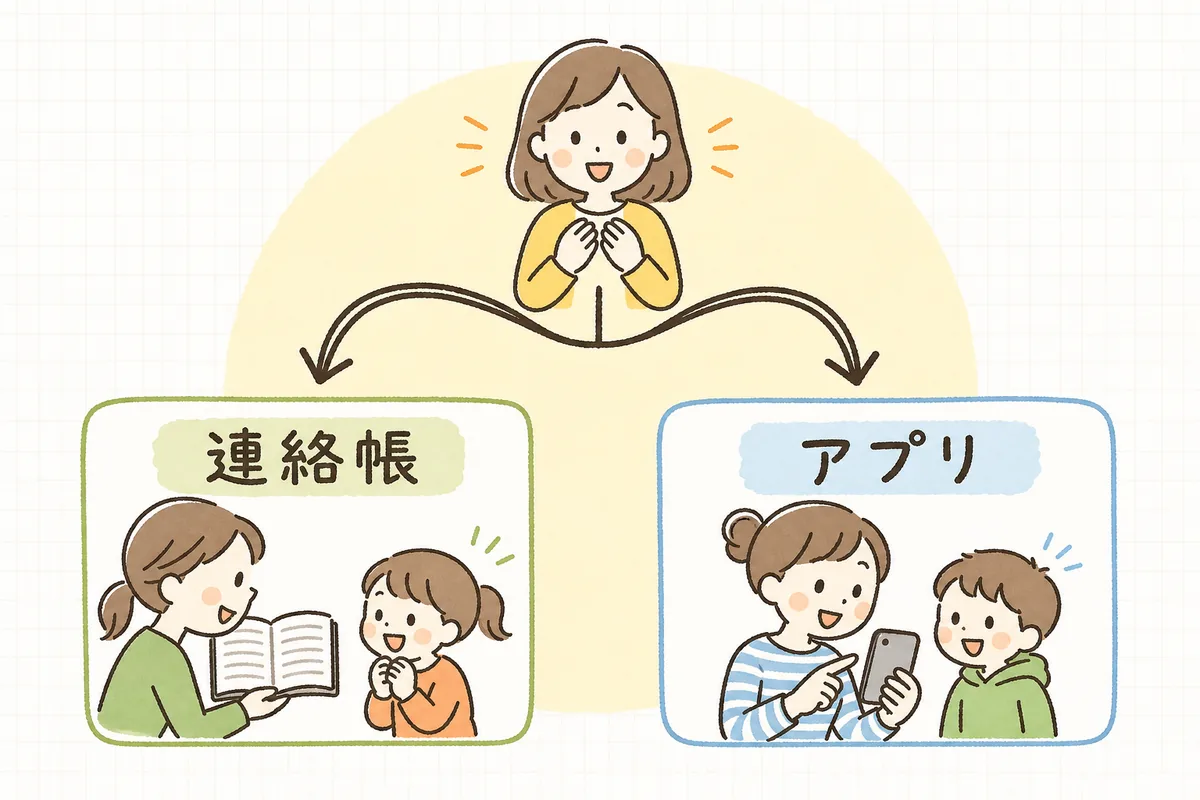 連絡内容を「記録に残す=連絡帳」「早く伝える=アプリ」に振り分ける考え方を示した図