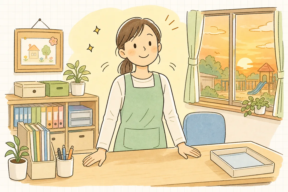 定時に近い時間、片づいた机で連絡帳とアプリの返信を終えて、ほっと肩の力が抜けた表情の保育園の職員