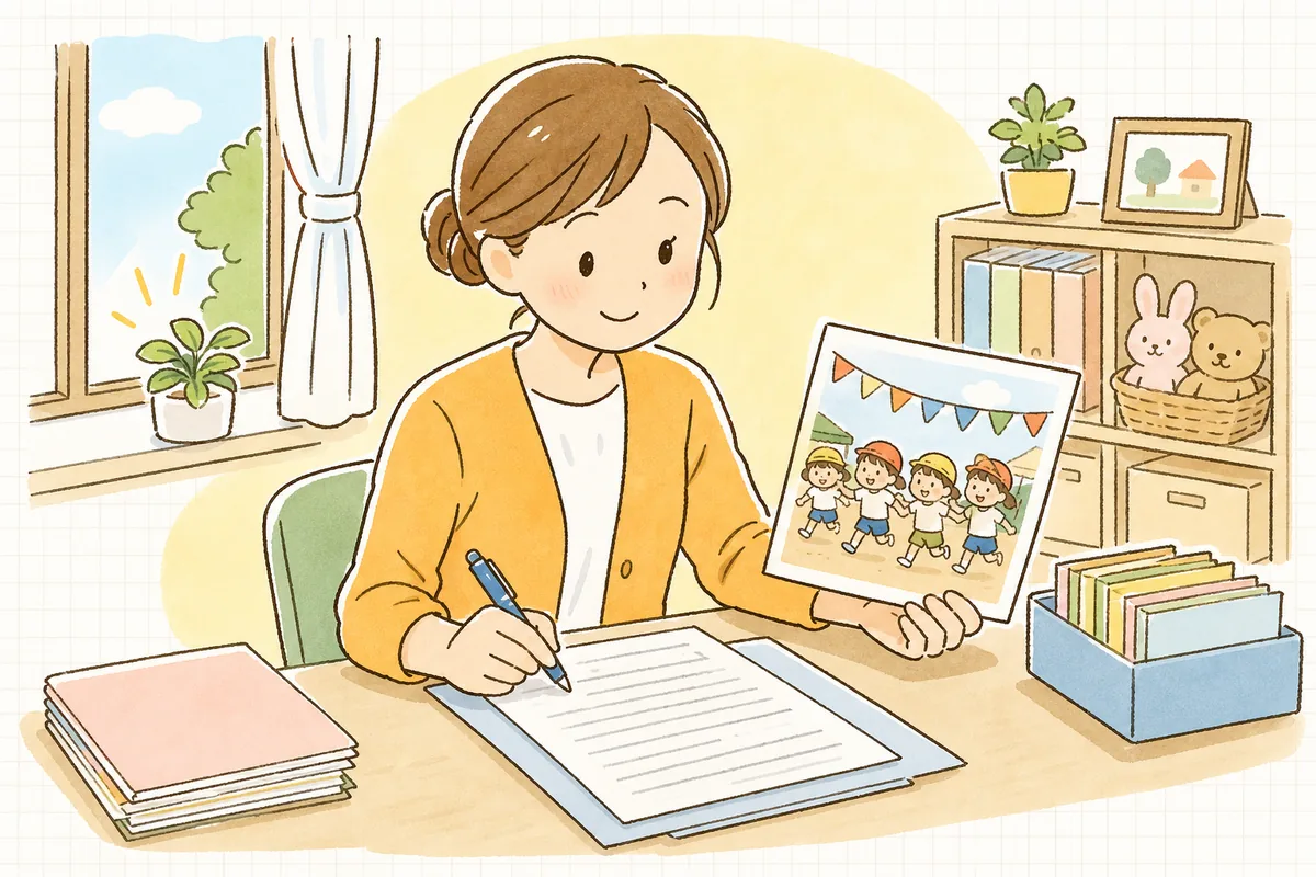 園の事務室で、写真販売の同意書と行事写真を見比べながら確認する保育園の事務担当者