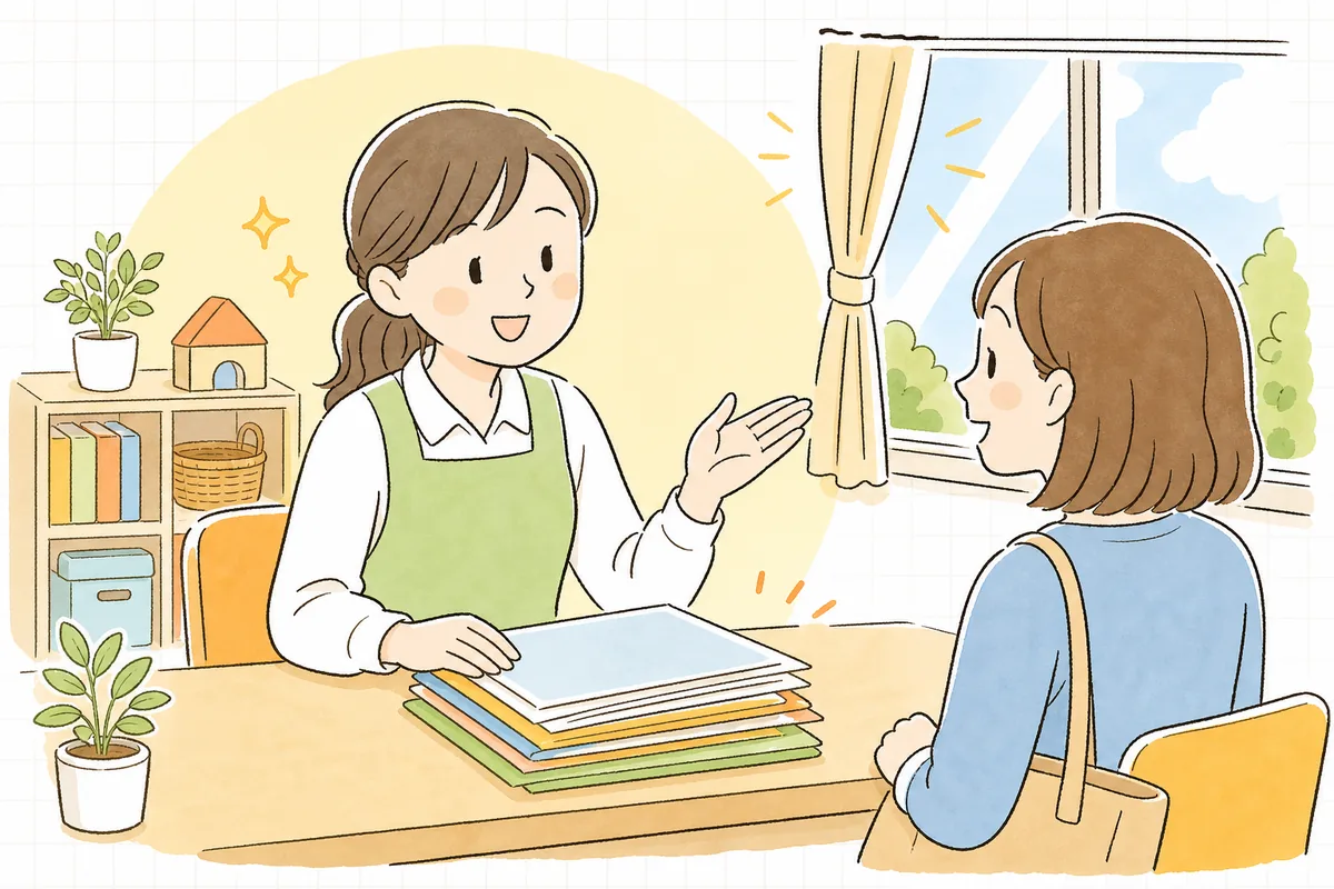 認定区分の一覧を整え終え、窓口で保護者の相談に落ち着いて向き合う保育園の事務担当者