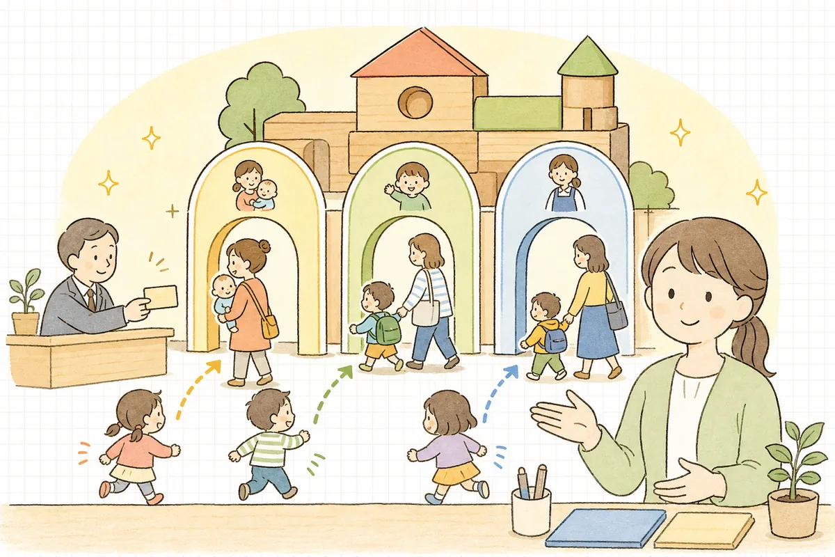子どもたちが年齢と利用理由に応じて1号・2号・3号の3つの入り口に振り分けられ、自治体が認定の印を渡している、支給認定の仕組みを表したイラスト