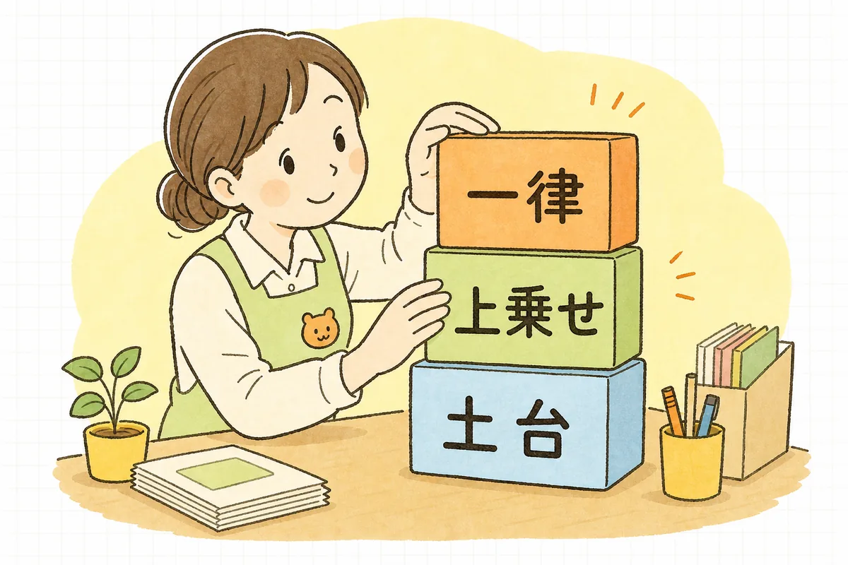 処遇改善等加算の3つを「土台」「上乗せ」「一律」のブロックとして積み上げて整理した図