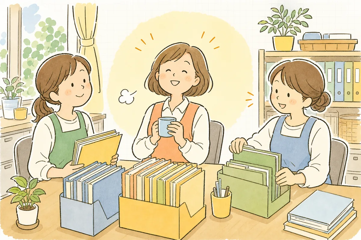 加算ごとに分けて整理し終えたファイルを前に、ほっとした表情でほほえむ保育園の事務担当者