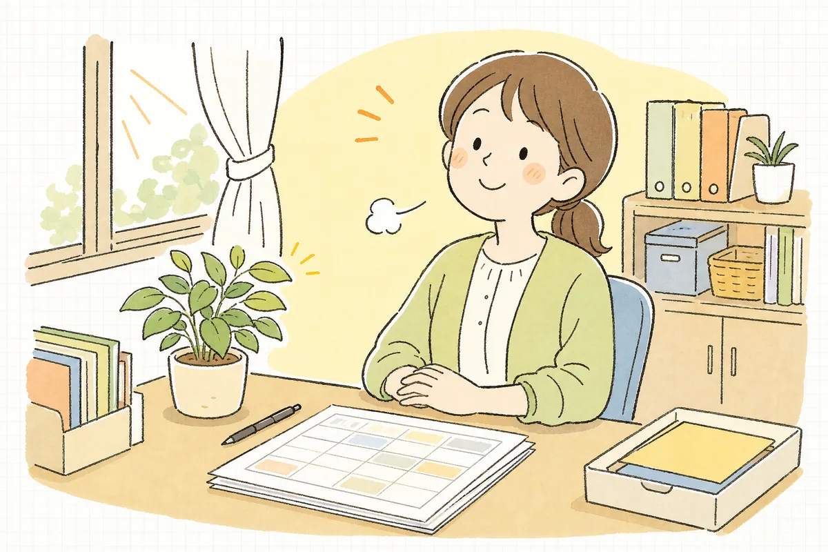 手続き一覧にひととおりチェックを終え、穏やかな表情で一息つく保育園の事務担当者