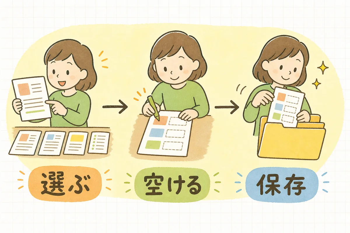 過去の書類を選び、変わる部分と変わらない部分に分け、テンプレとして保存する三つの流れを示した図