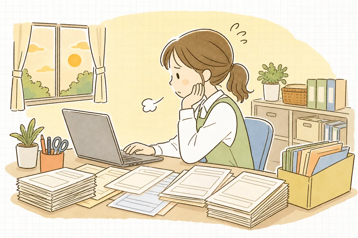 似たような書類を毎回作り直して疲れた表情を見せる、保育園の事務担当者