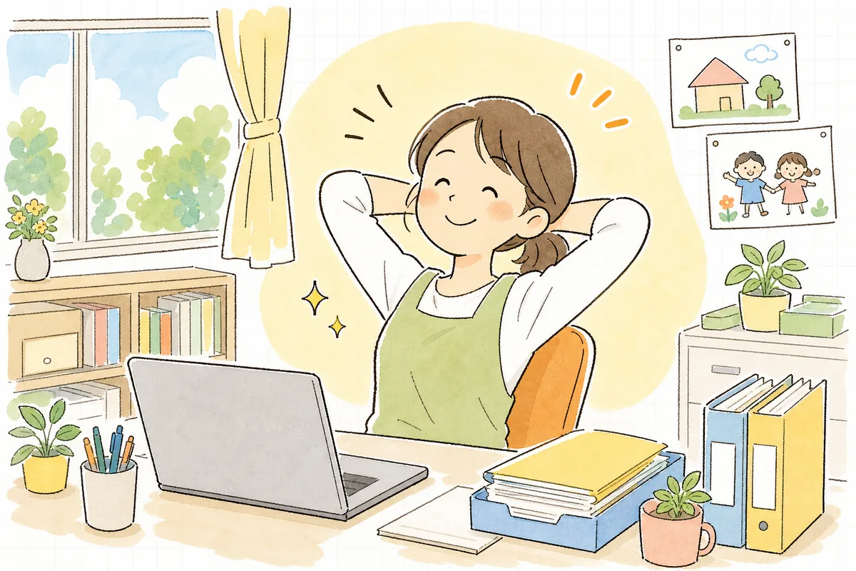 テンプレを使って書類がすぐ仕上がり、ほっと肩の力を抜いてほほえむ保育園の事務担当者