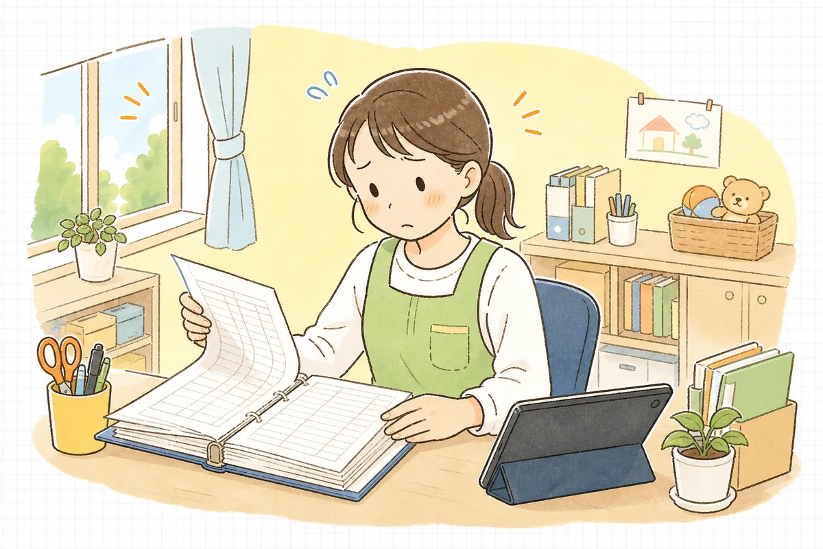 事務室の机で出席簿のファイルと登降園の打刻タブレットを並べ、少し不安そうな表情で確認している保育園の職員