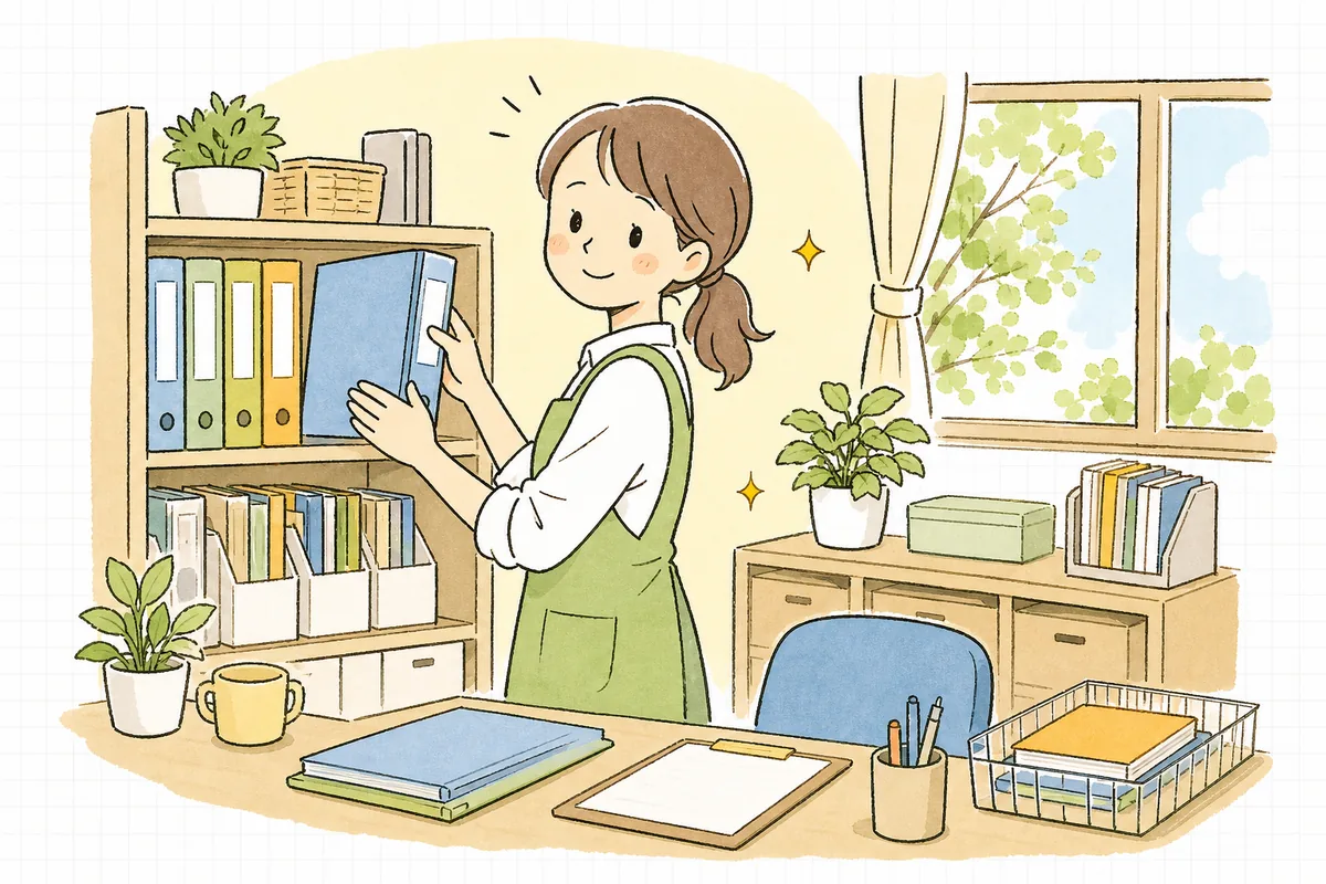 整った出席簿のファイルを棚に戻し、月末の確認を終えてほっと肩の力が抜けた表情の保育園の職員
