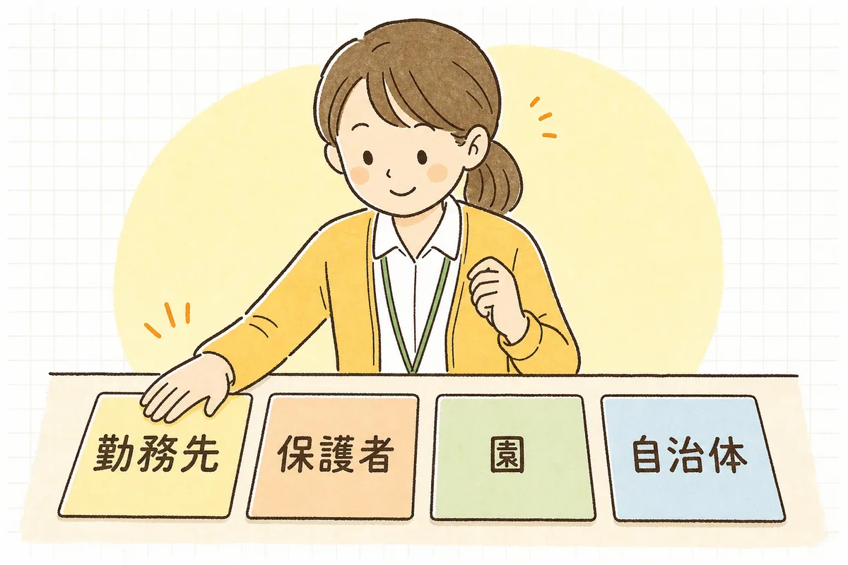 勤務先が記入し、保護者を通じて園が受け取り、自治体が認定するまでの流れを左から右に並べた図