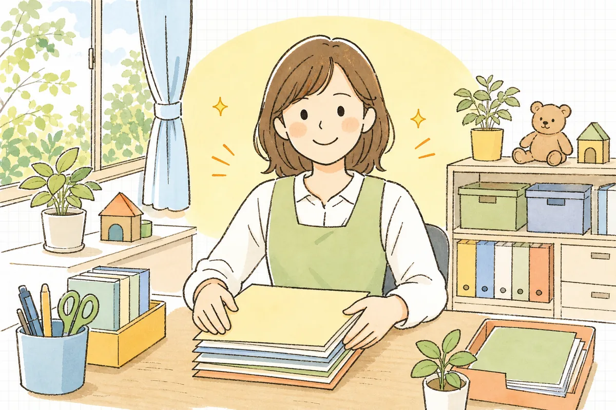 就労証明書の確認を終え、書類を整えてほっと一息つく保育園の事務担当者