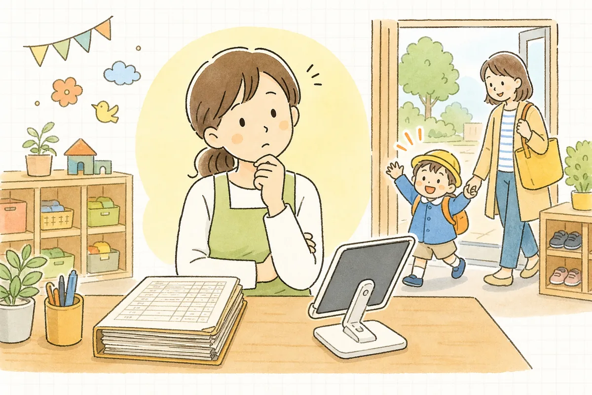 紙の出席簿とタブレットの打刻画面を見比べ、どう切り替えるか考える保育園の事務担当者