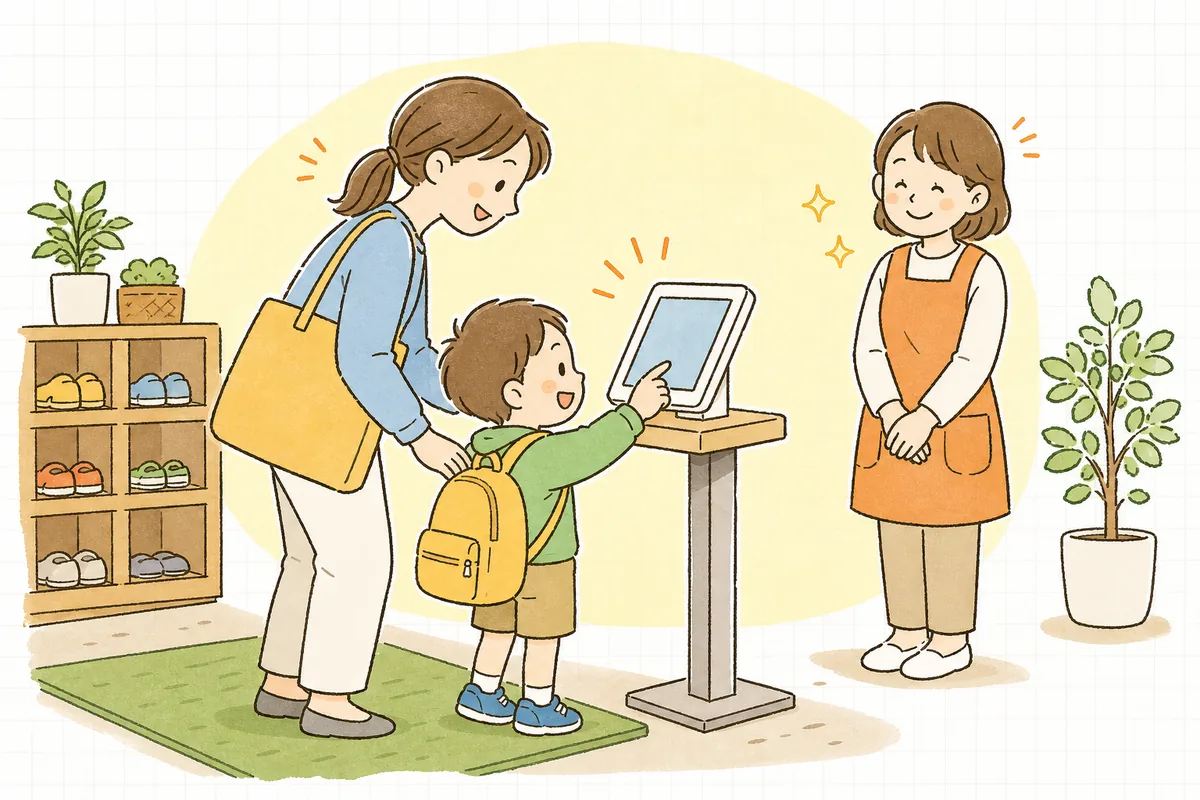 タブレットの打刻がスムーズに進む玄関で、登園する親子を穏やかに見守る保育園の事務担当者
