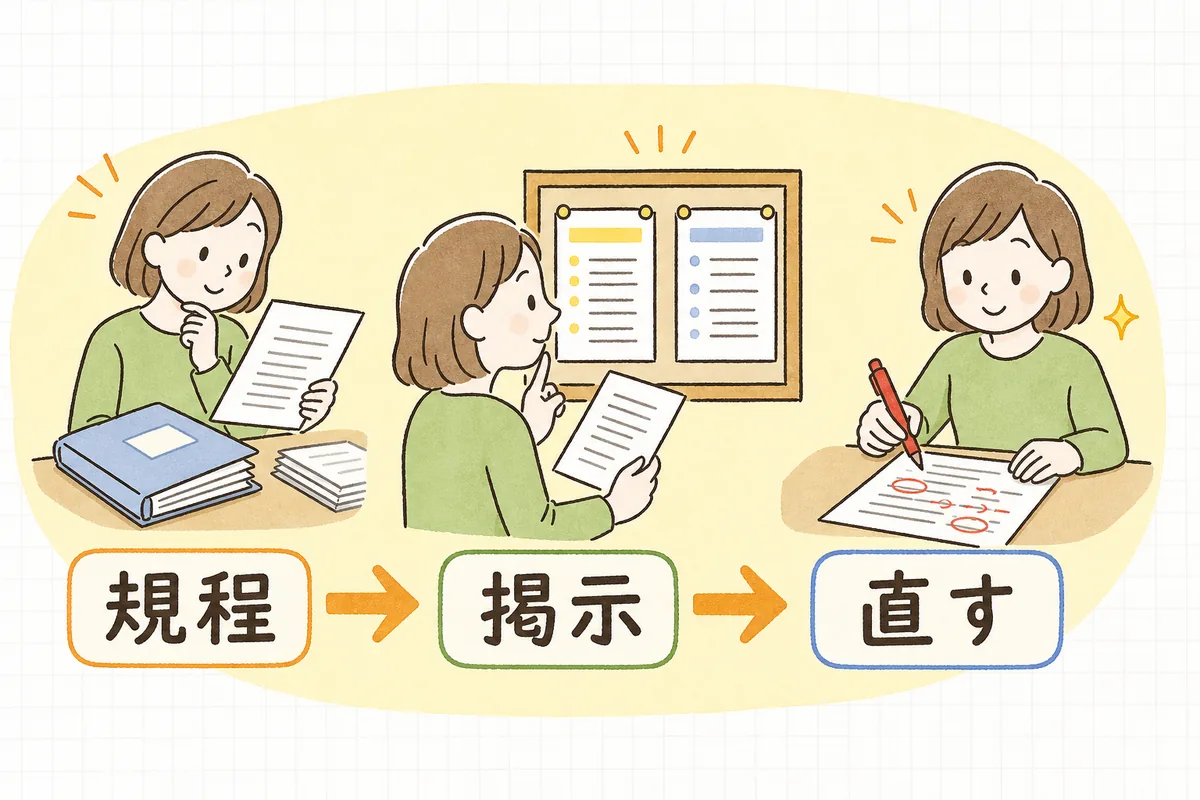 運営規程の中身を確認し、掲示物と照らし合わせ、古い箇所を直すという三つの流れを示した図