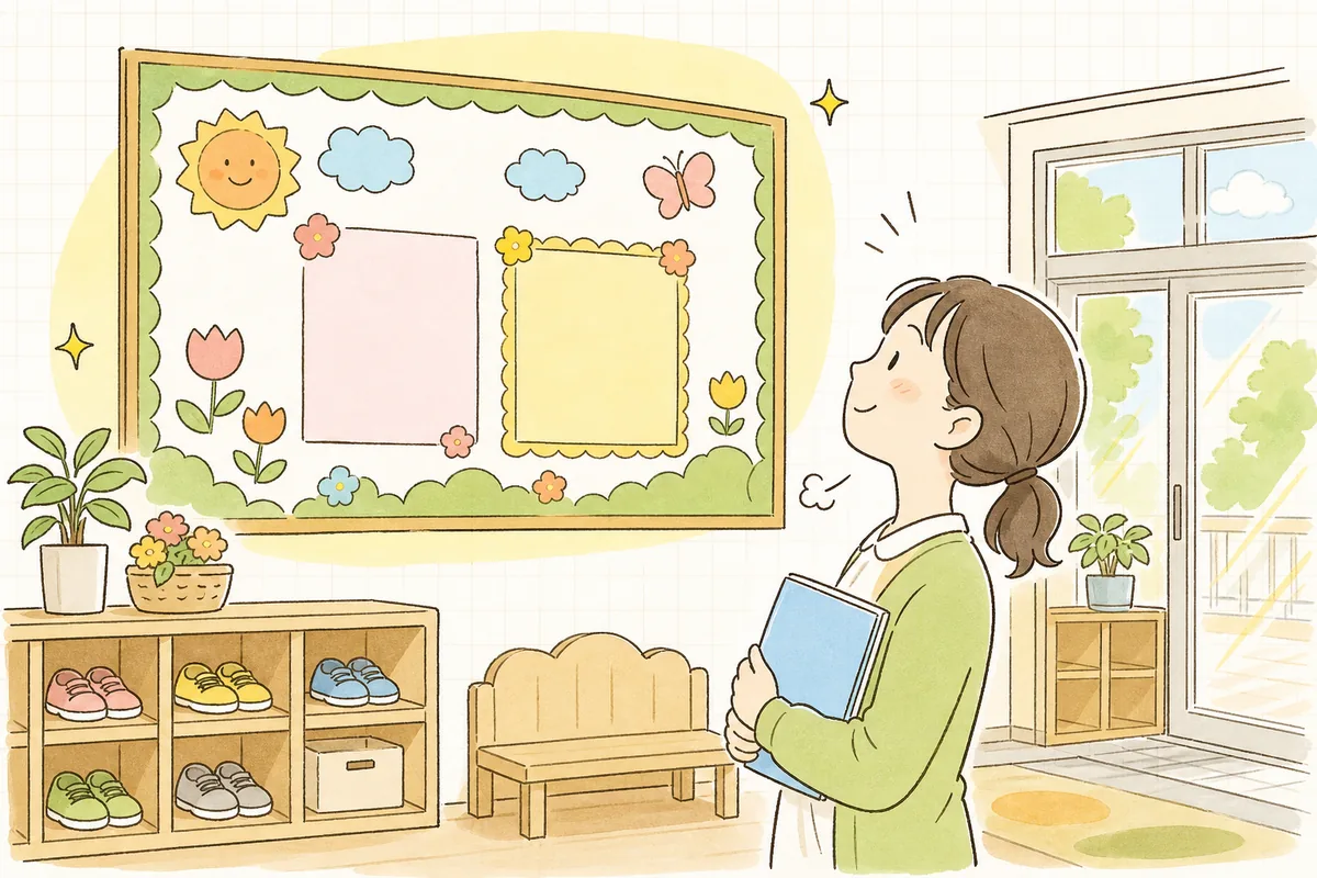 差し替えたばかりの掲示物を見上げ、肩の力を抜いてやわらかくほほえむ保育園の事務担当者
