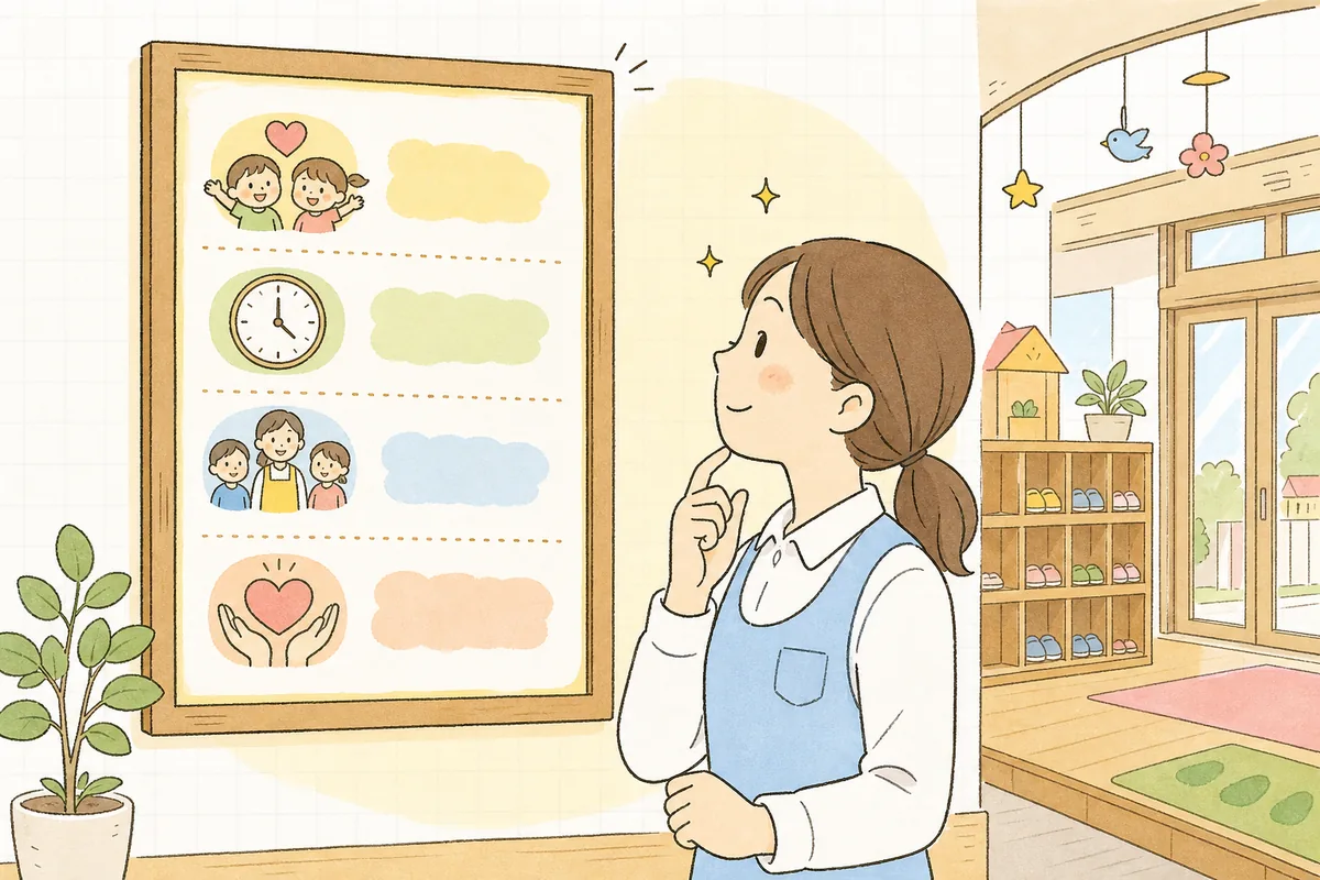 園の入り口の壁に、運営方針や時間・体制が項目ごとに並んだ規程の掲示が貼られ、事務職員がそれを確かめている、運営規程を表したイラスト