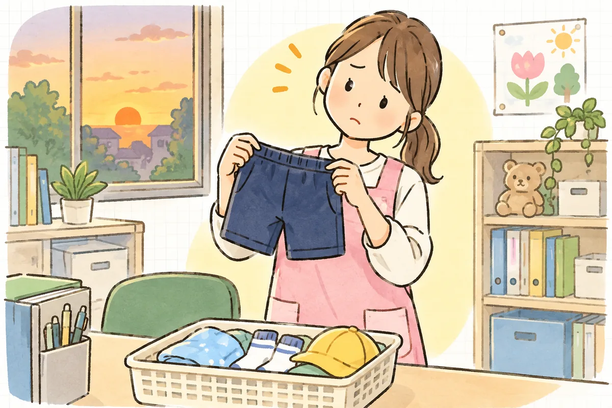 夕方の保育園の事務室で、名前の書かれていない小さなズボンを両手で広げ、困ったように首をかしげている事務職員