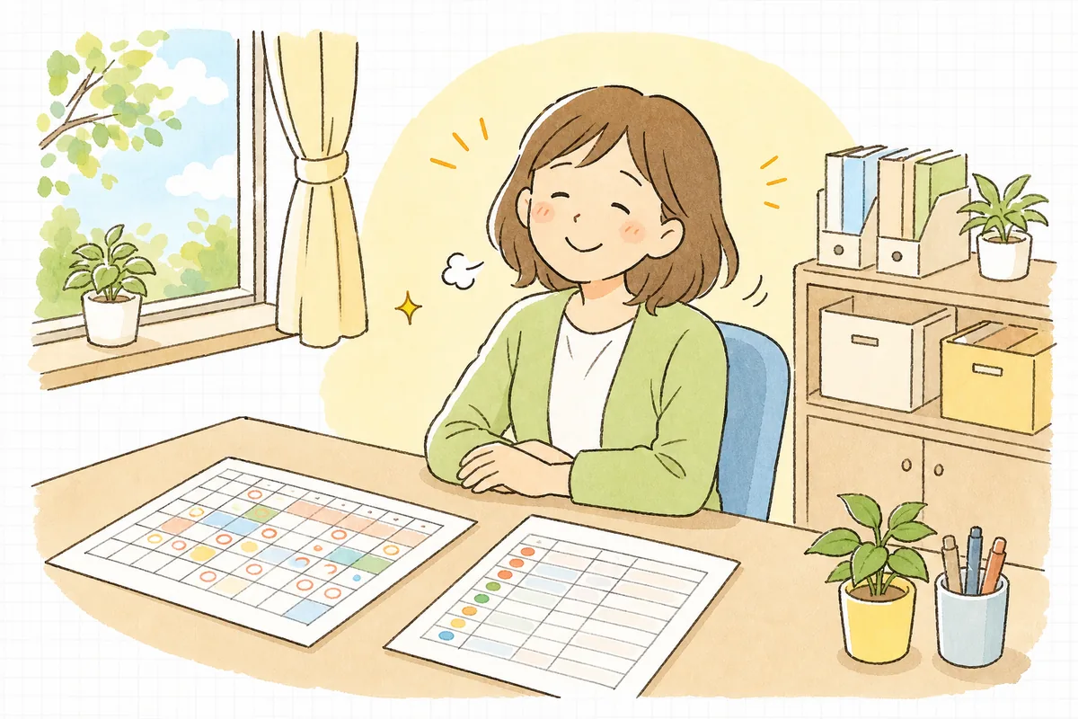 有給取得日を書き込んだシフト表を前に、ほっと表情をやわらげる保育園の事務担当者