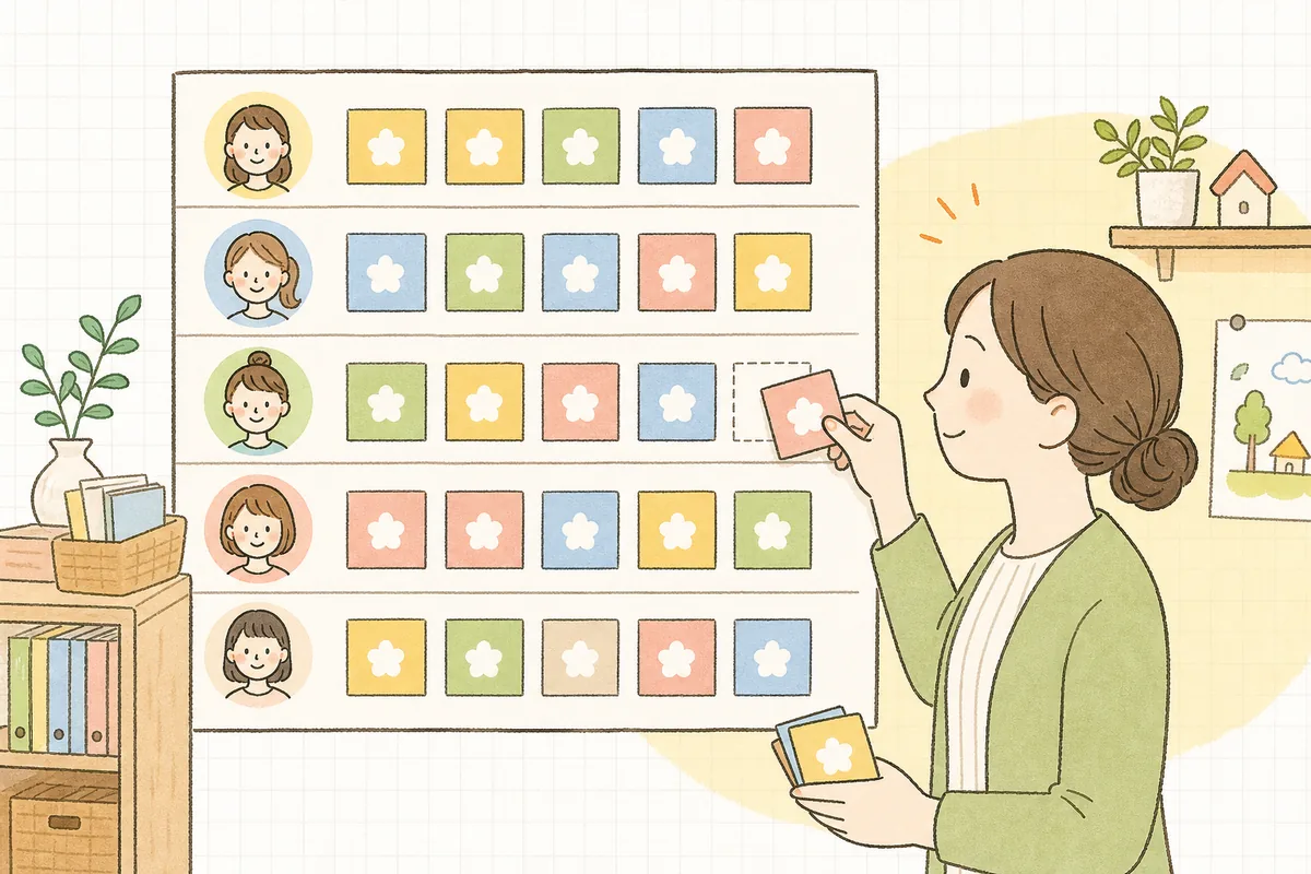 職員一人ひとりの有給取得をマスで数える管理ボードがあり、5マスのうち埋まっていない職員に園が休みを割り当てている、年5日取得義務を表したイラスト